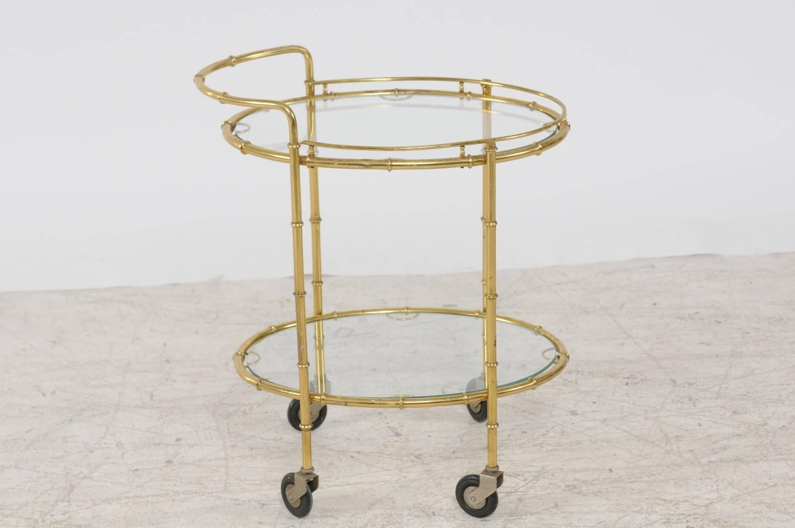 20th Century French Midcentury Brass Two-Tiered Oval Cart with Glass Shelves and Casters For Sale