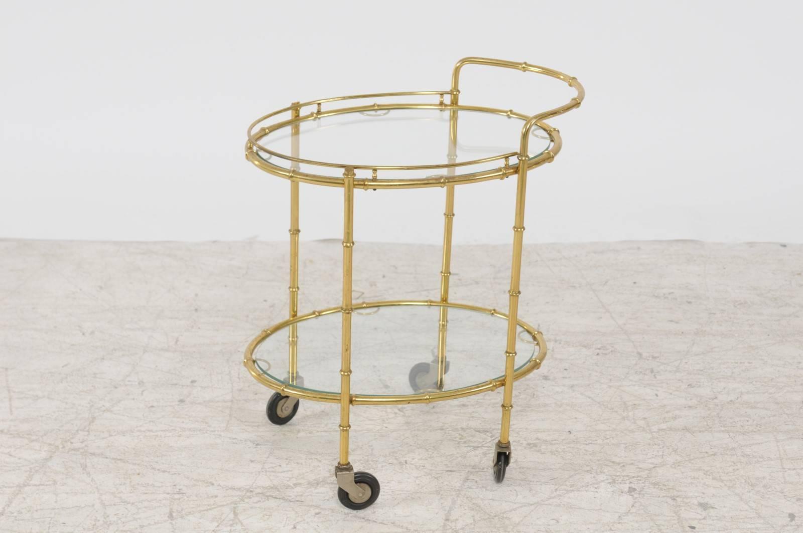 French Midcentury Brass Two-Tiered Oval Cart with Glass Shelves and Casters For Sale 2