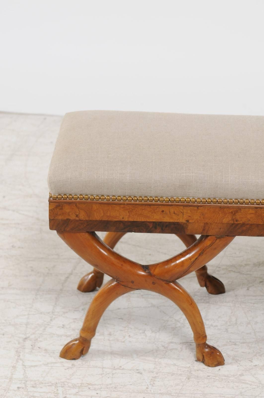 Veneer Austrian Biedermeier 1840s Double X-Form Base Upholstered Bench with Hoofed Feet