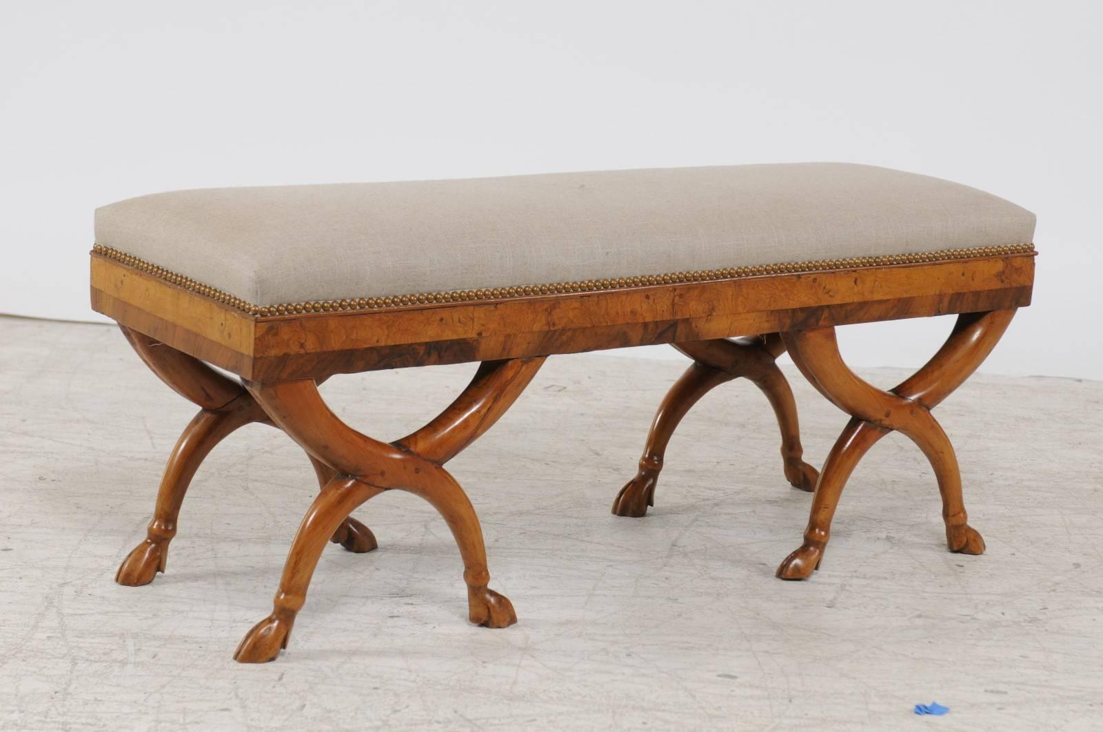 19th Century Austrian Biedermeier 1840s Double X-Form Base Upholstered Bench with Hoofed Feet