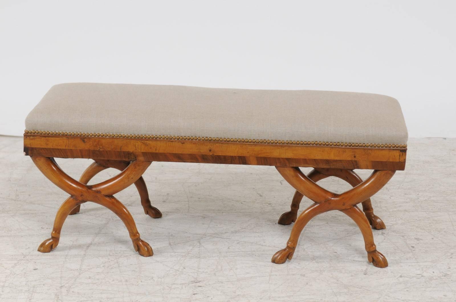 Austrian Biedermeier 1840s Double X-Form Base Upholstered Bench with Hoofed Feet 1