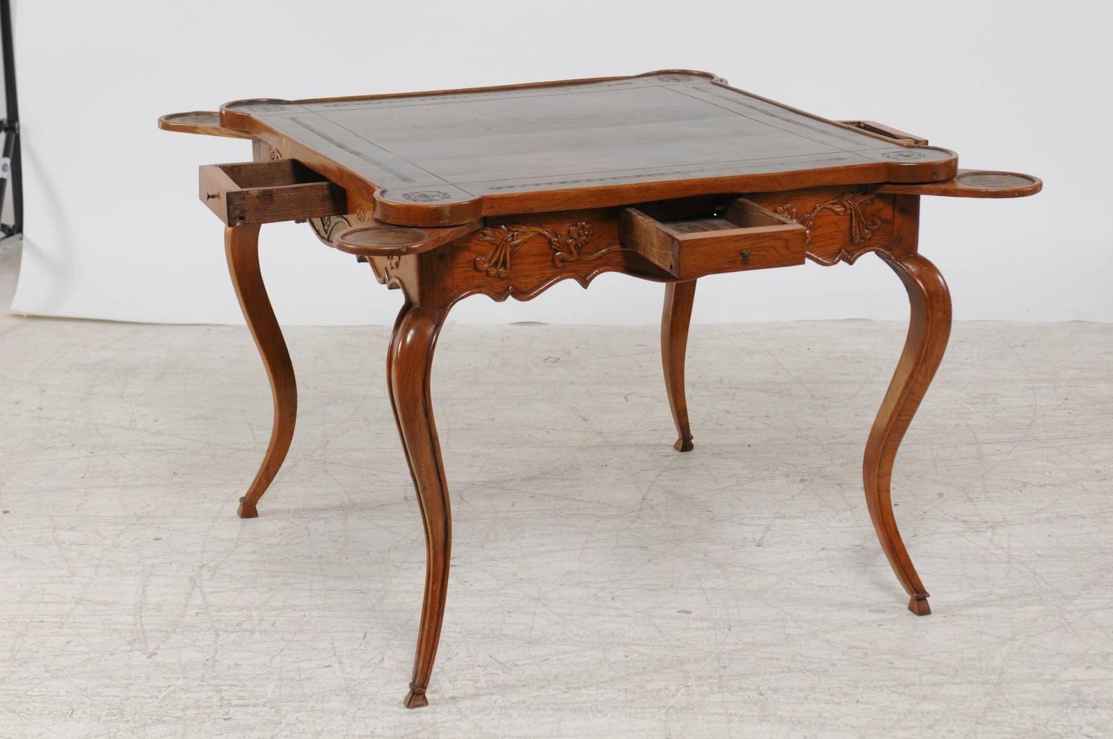 French Louis XV Style 1870s Carved Oak Game Table with Leather Top and Pull Outs For Sale 1