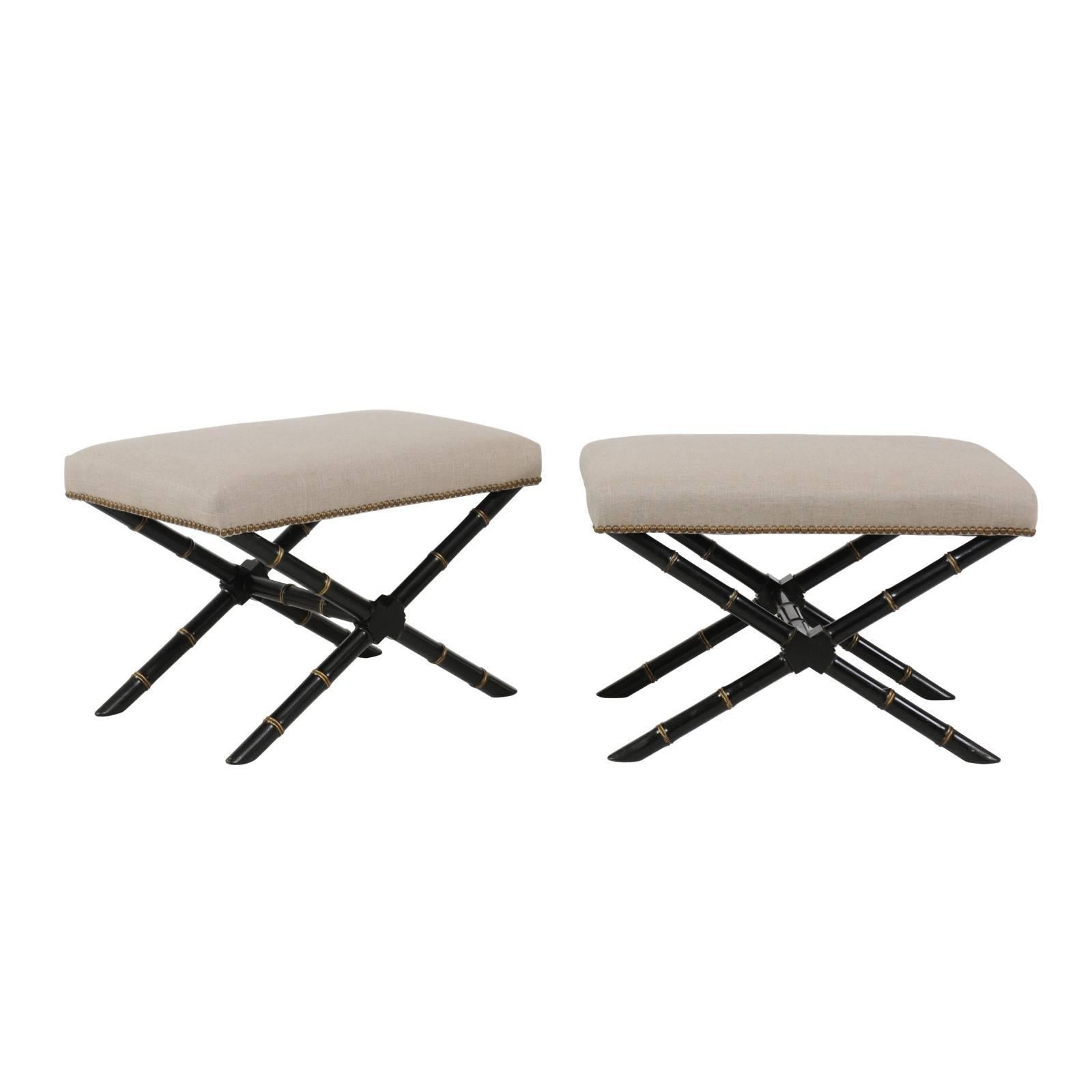 Pair of French Ebonized and Gilded Faux-Bamboo X-Form Stools, circa 1950