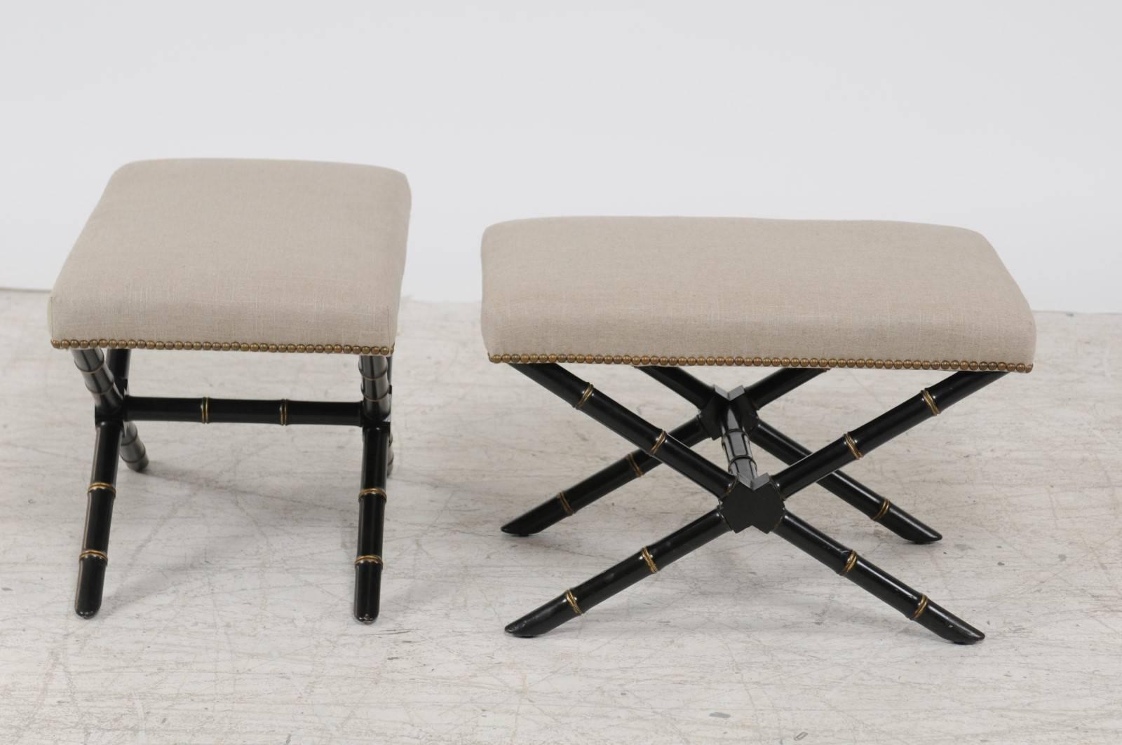 Pair of French Ebonized and Gilded Faux-Bamboo X-Form Stools, circa 1950 In Good Condition In Atlanta, GA