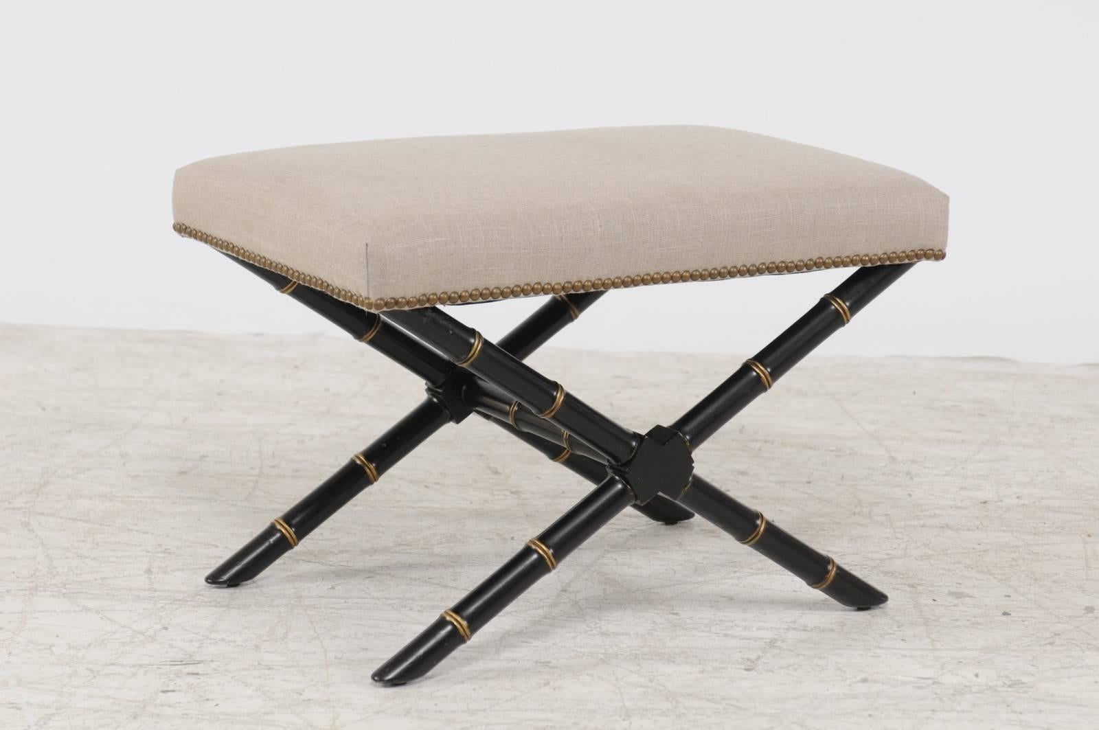 Faux Bamboo Pair of French Ebonized and Gilded Faux-Bamboo X-Form Stools, circa 1950