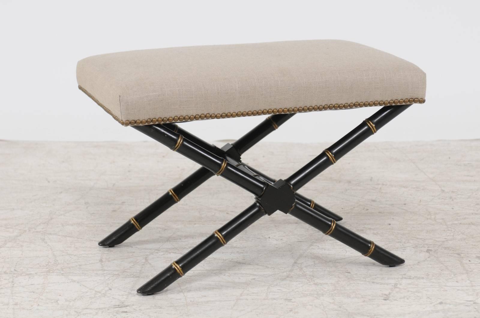 Pair of French Ebonized and Gilded Faux-Bamboo X-Form Stools, circa 1950 1