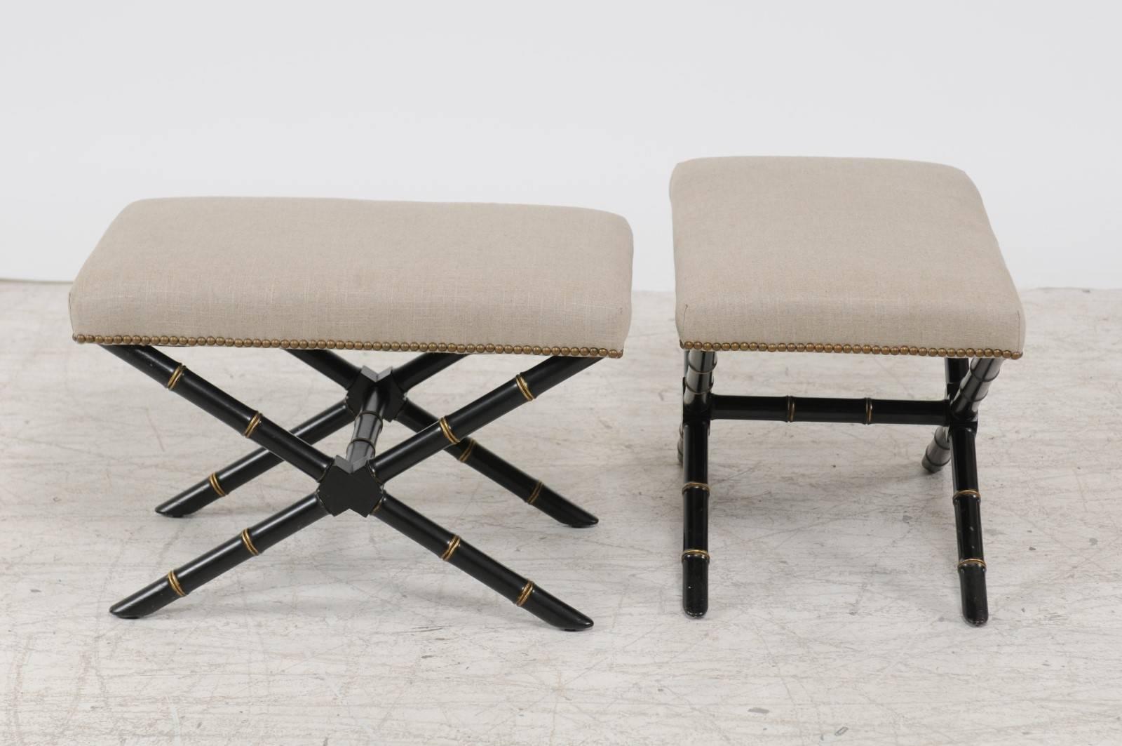 20th Century Pair of French Ebonized and Gilded Faux-Bamboo X-Form Stools, circa 1950