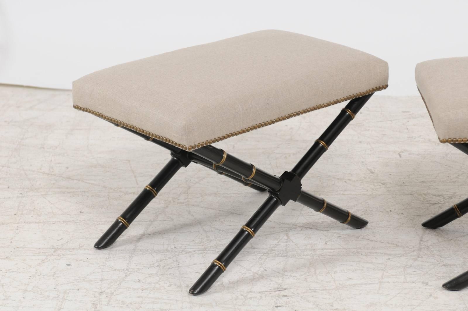 Mid-Century Modern Pair of French Ebonized and Gilded Faux-Bamboo X-Form Stools, circa 1950