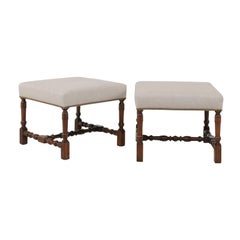 Pair of English Walnut Stools with Turned Legs and Cross Stretcher, circa 1870
