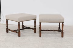 Pair of English Walnut Stools with Turned Legs and Cross Stretcher, circa 1870