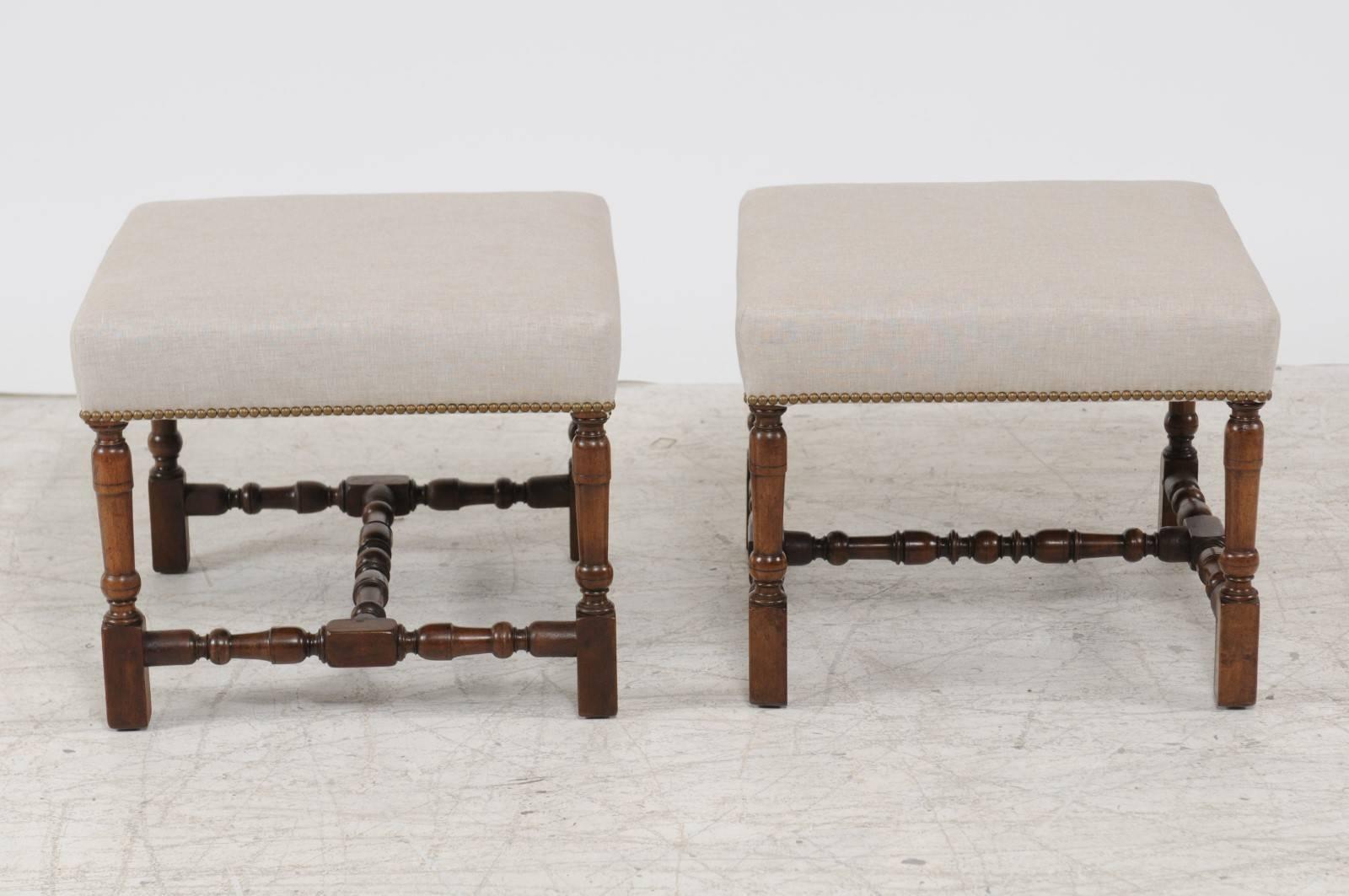 Pair of English Walnut Stools with Turned Legs and Cross Stretcher, circa 1870 4