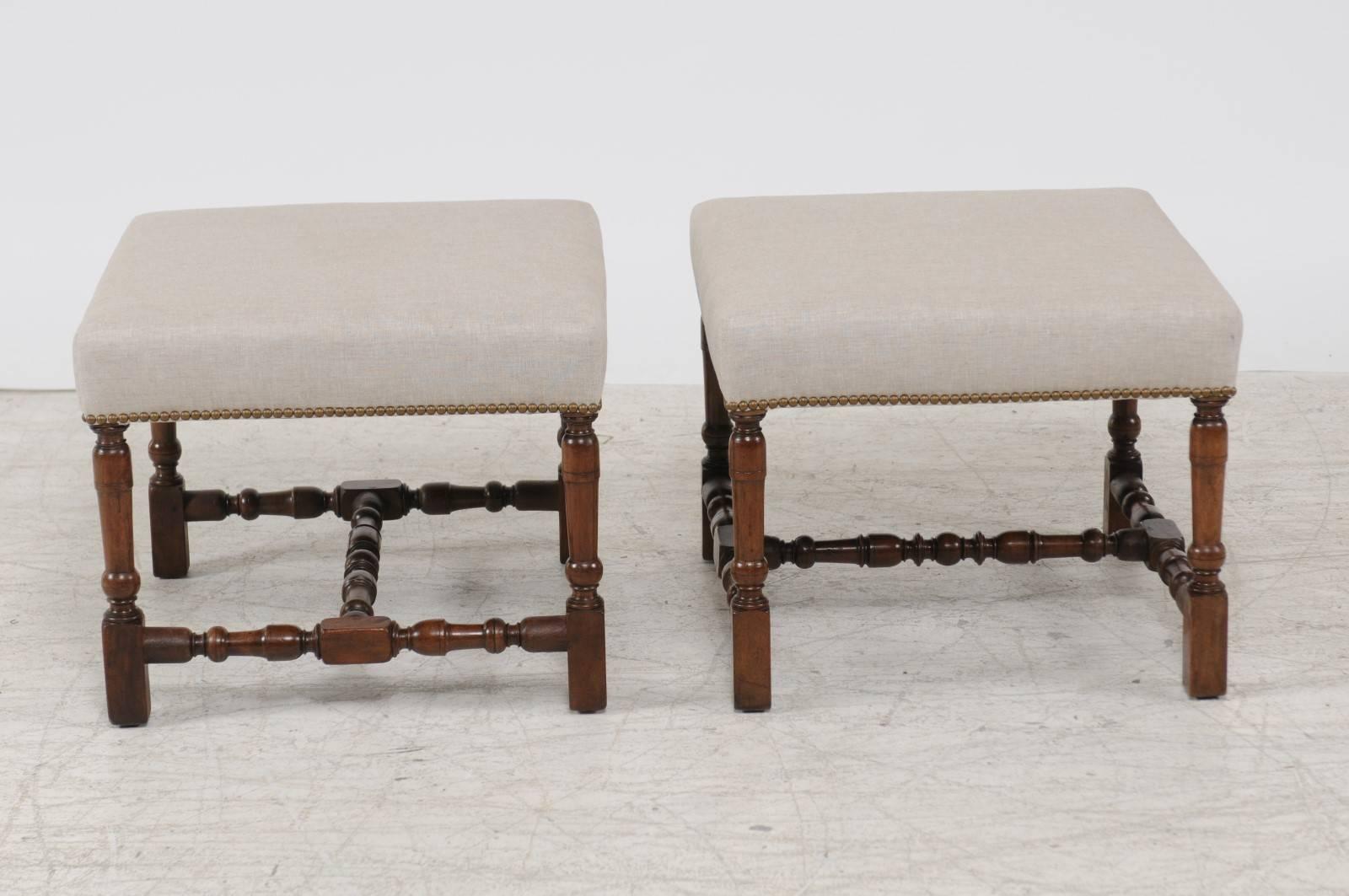 Pair of English Walnut Stools with Turned Legs and Cross Stretcher, circa 1870 1