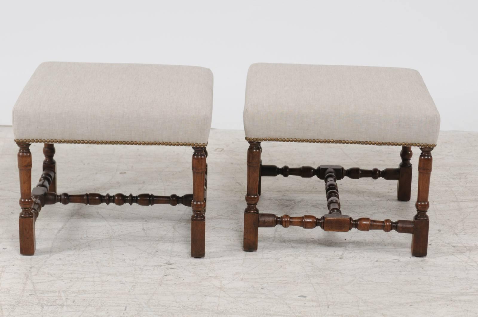 Pair of English Walnut Stools with Turned Legs and Cross Stretcher, circa 1870 2
