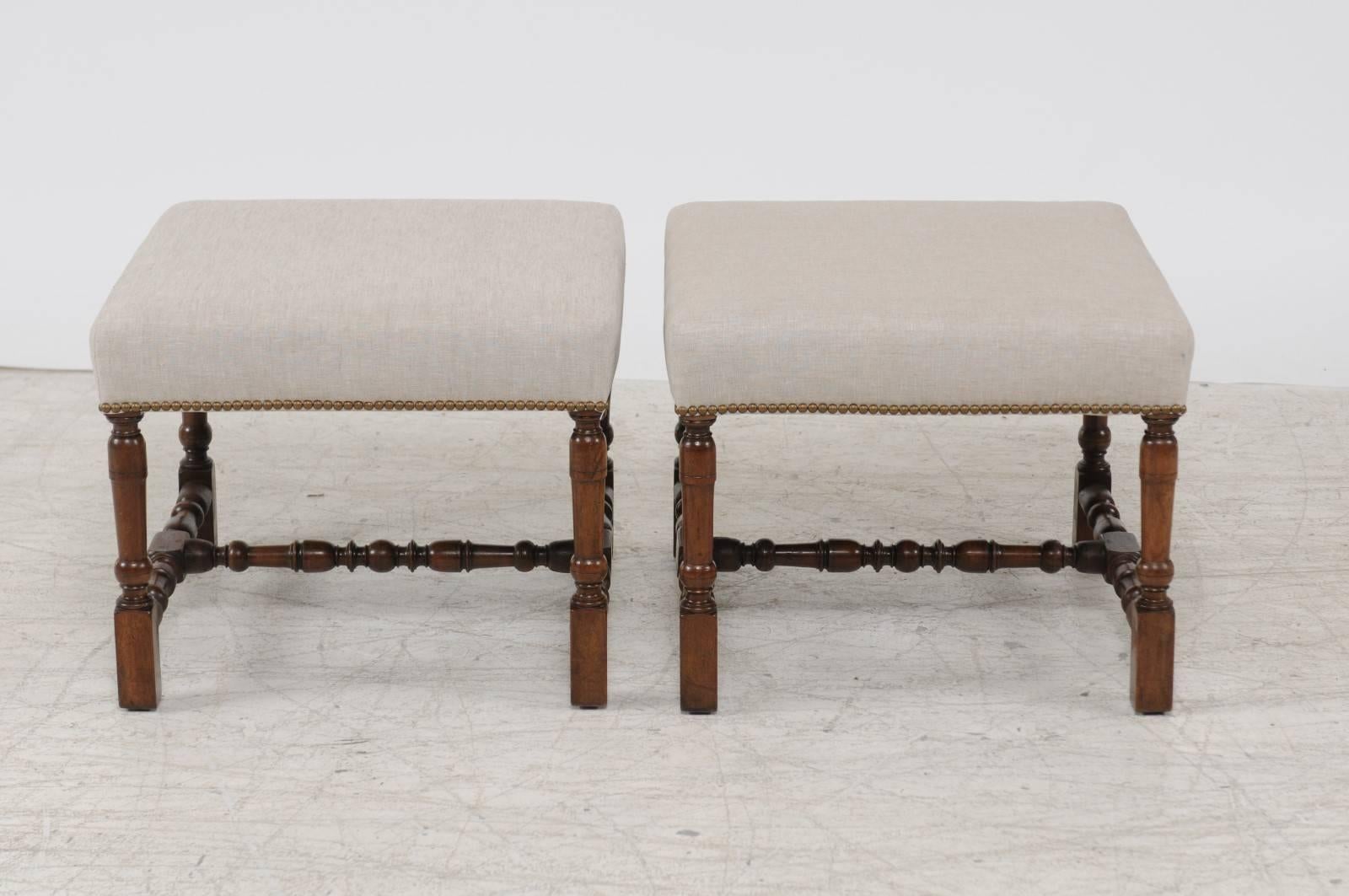 Upholstery Pair of English Walnut Stools with Turned Legs and Cross Stretcher, circa 1870