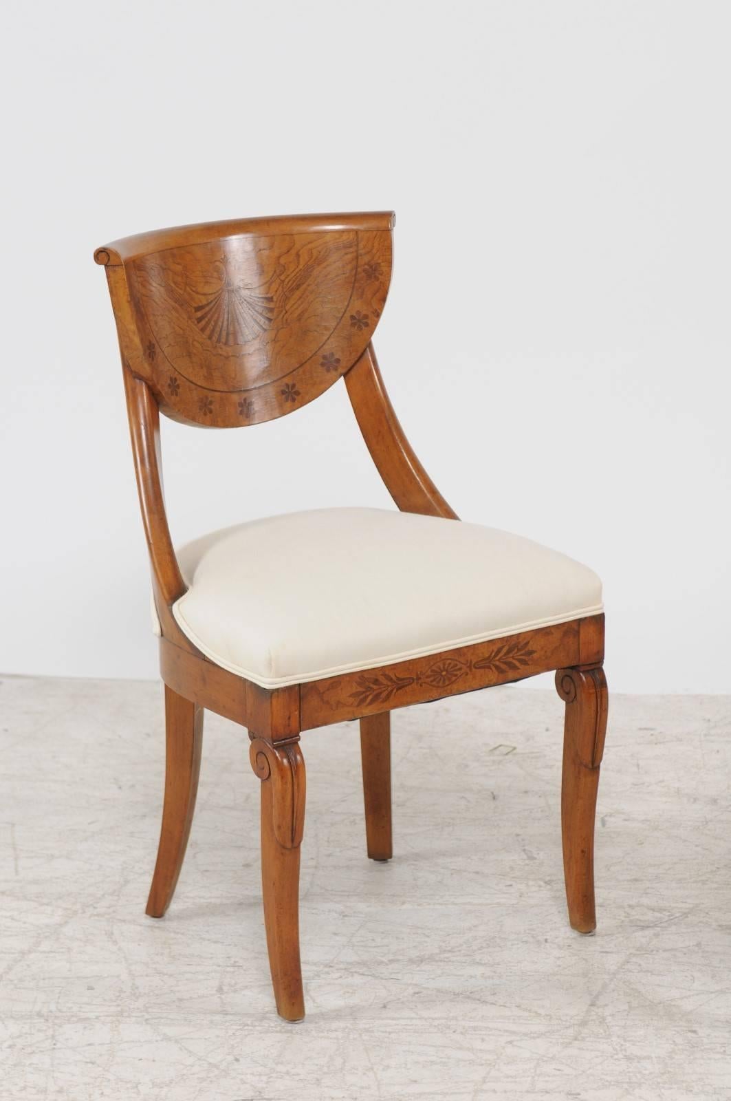 Veneer Pair of 1840s Austrian Biedermeier Upholstered Side Chairs with Marquetry Décor