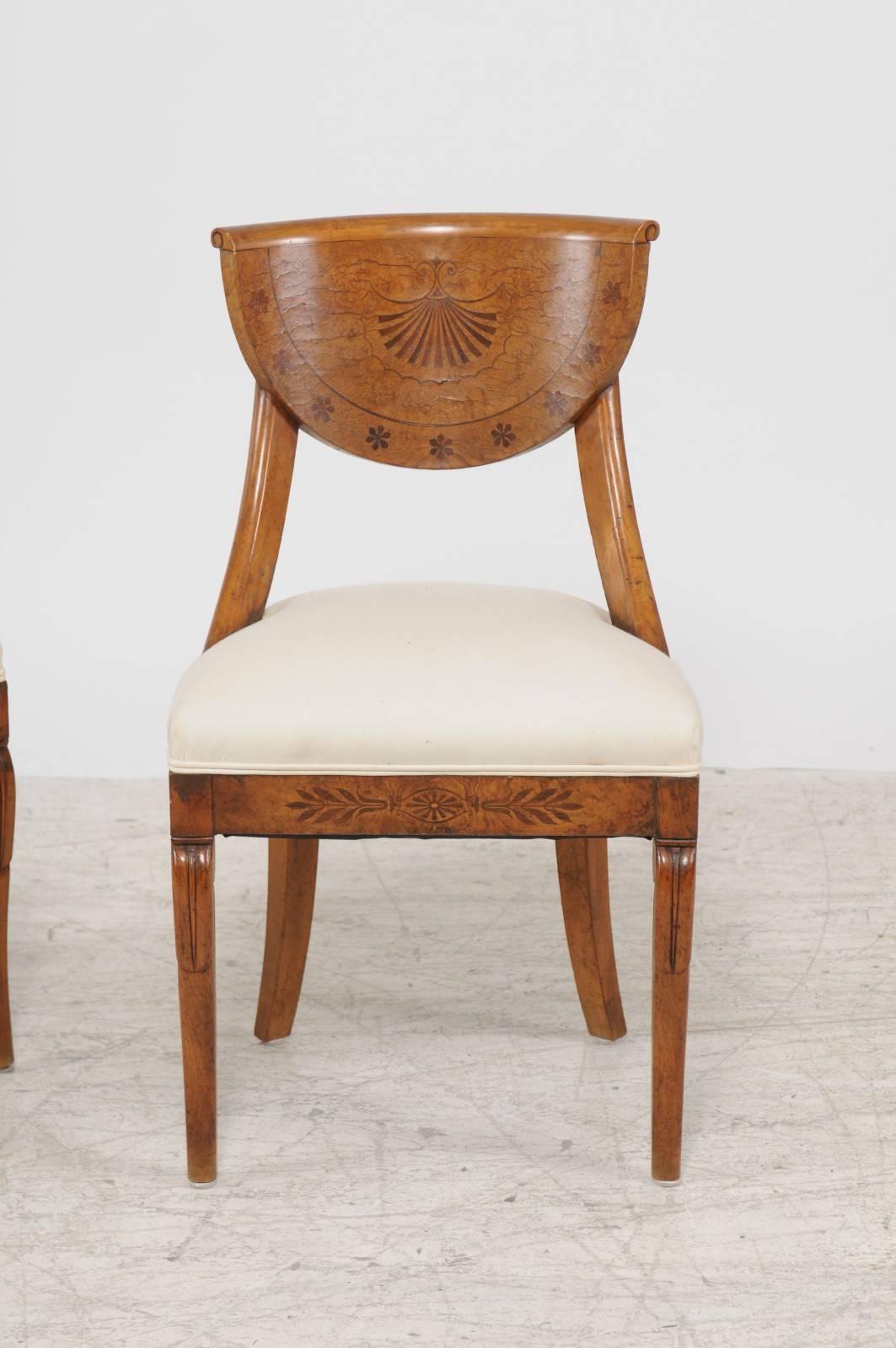 Pair of 1840s Austrian Biedermeier Upholstered Side Chairs with Marquetry Décor In Good Condition In Atlanta, GA