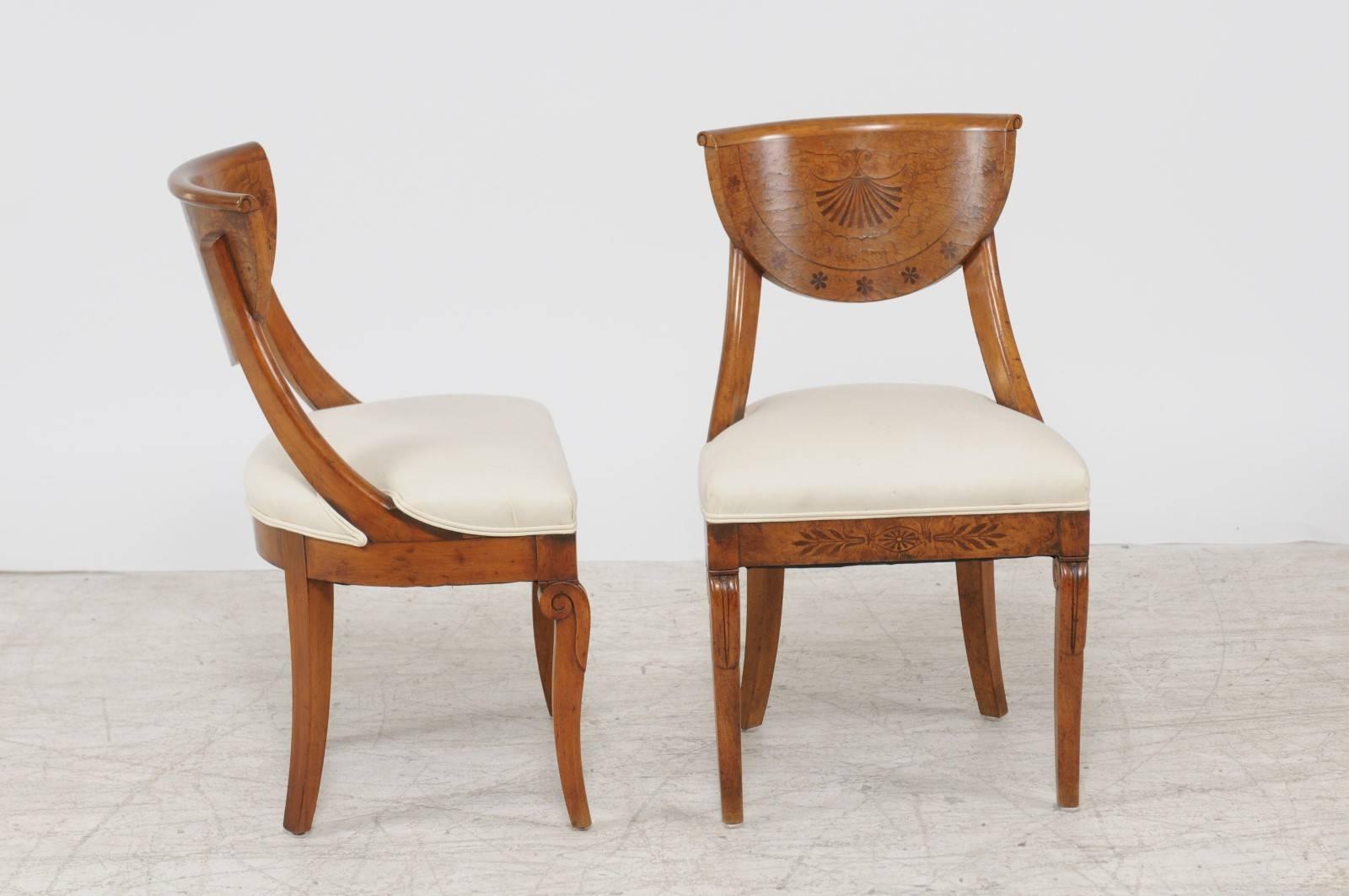 19th Century Pair of 1840s Austrian Biedermeier Upholstered Side Chairs with Marquetry Décor