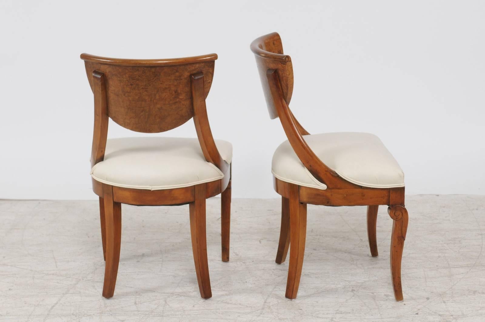 Upholstery Pair of 1840s Austrian Biedermeier Upholstered Side Chairs with Marquetry Décor