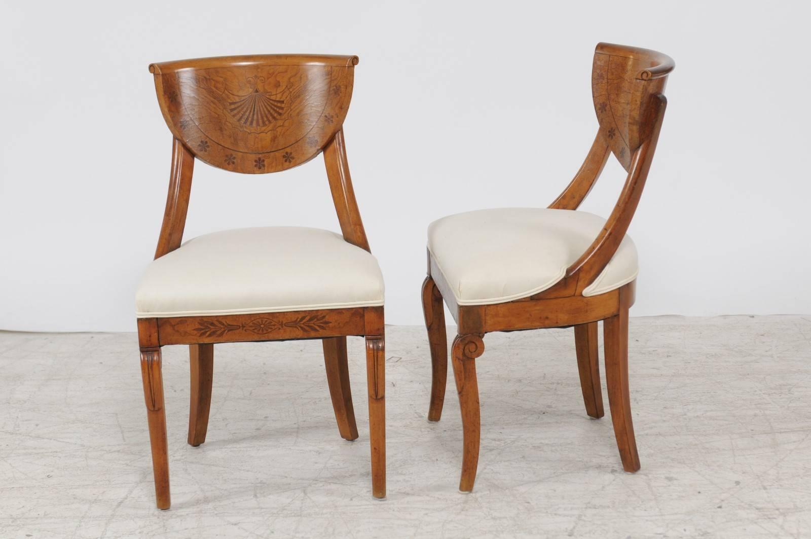 Pair of 1840s Austrian Biedermeier Upholstered Side Chairs with Marquetry Décor 2