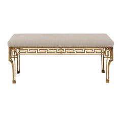 French Vintage 1940s Gilt-Iron Upholstered Bench with Greek Key Themed Skirt