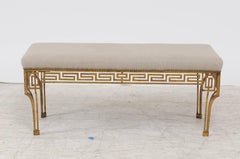 French Vintage 1940s Gilt-Iron Upholstered Bench with Greek Key Themed Skirt