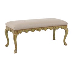 1930s Italian Rococo Style Painted and Upholstered Bench with Carved Apron