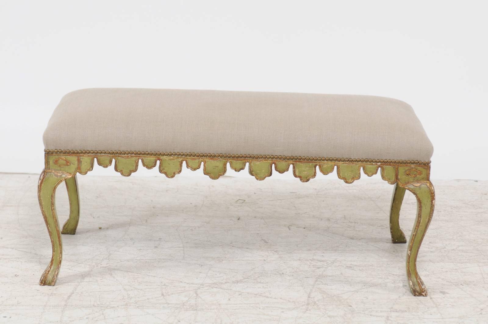 1930s Italian Rococo Style Painted and Upholstered Bench with Carved Apron In Good Condition In Atlanta, GA