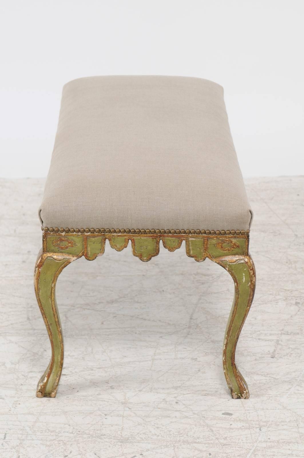 Gilt 1930s Italian Rococo Style Painted and Upholstered Bench with Carved Apron