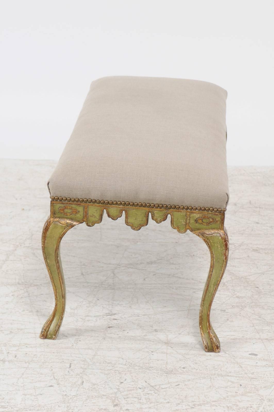 20th Century 1930s Italian Rococo Style Painted and Upholstered Bench with Carved Apron