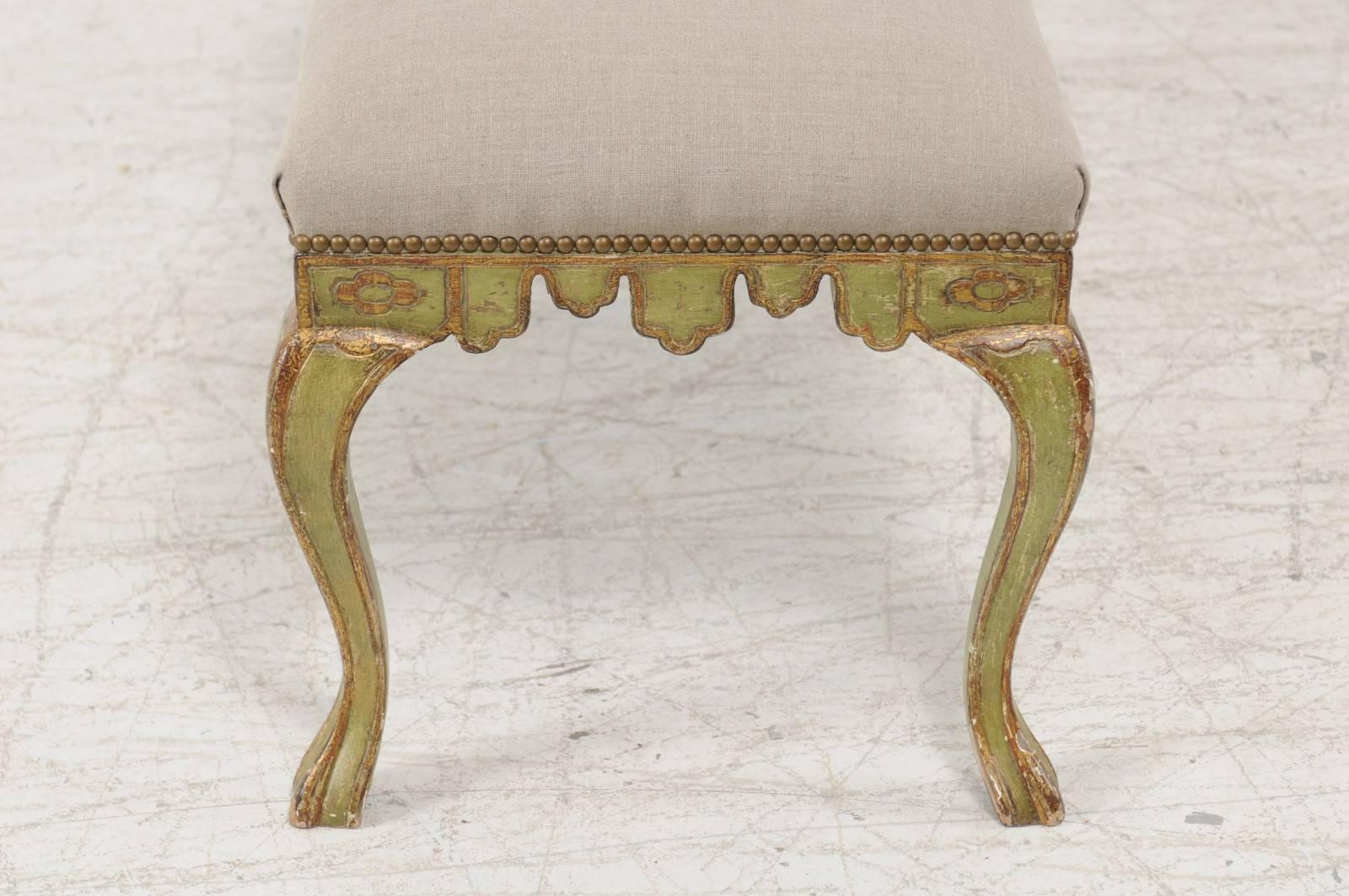 Wood 1930s Italian Rococo Style Painted and Upholstered Bench with Carved Apron