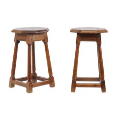 Pair of French 1880s Oak Stools with Octagonal Tops and Column Shaped Legs