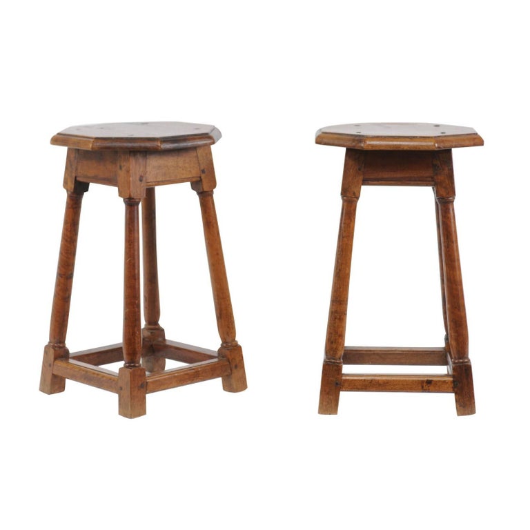 Pair Of French 1880s Oak Stools With Octagonal Tops And Column
