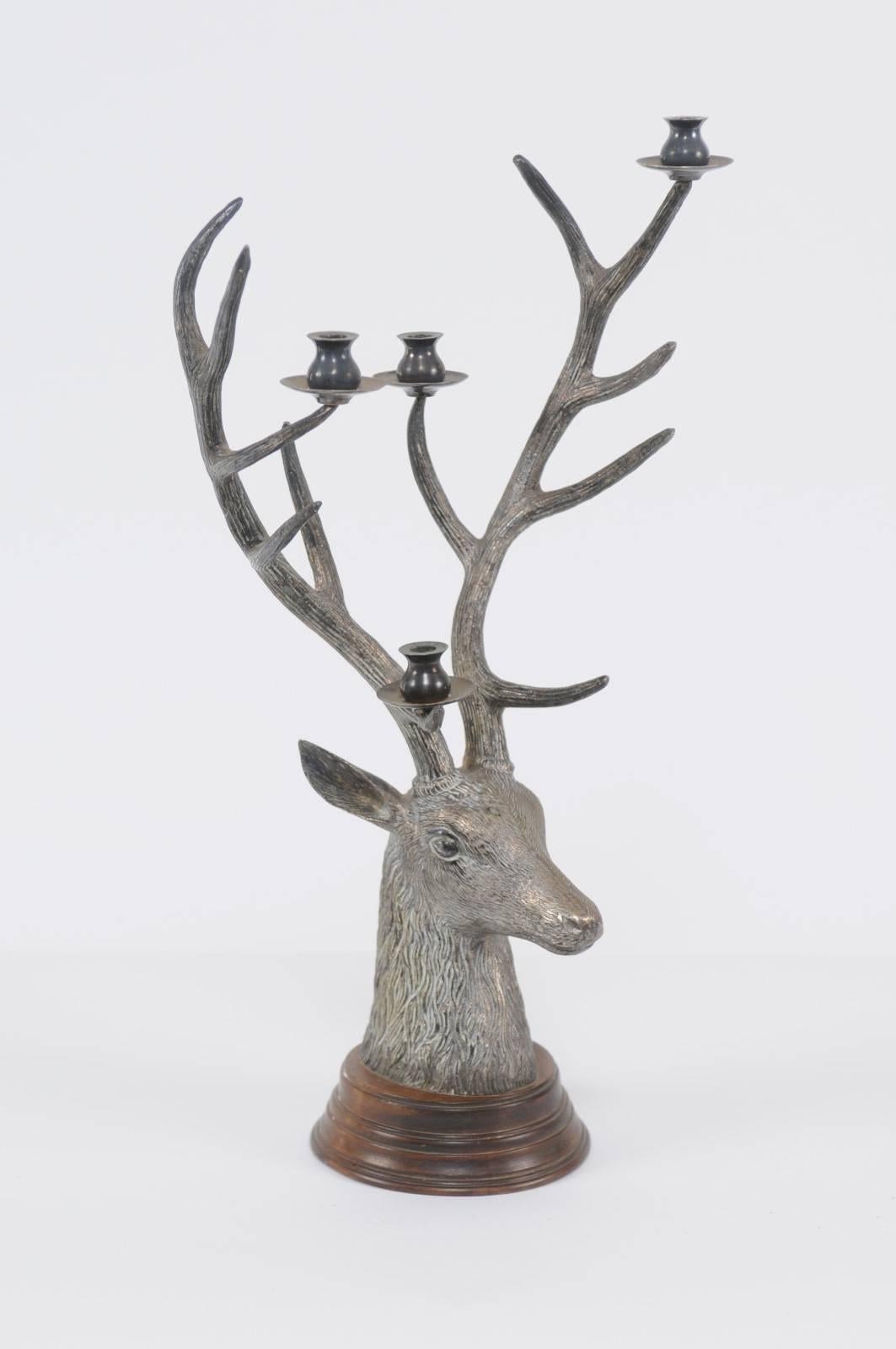Mid-Century Modern French Vintage Bronze Candelabra Depicting a Buck Head with Tall Antlers, 1950s