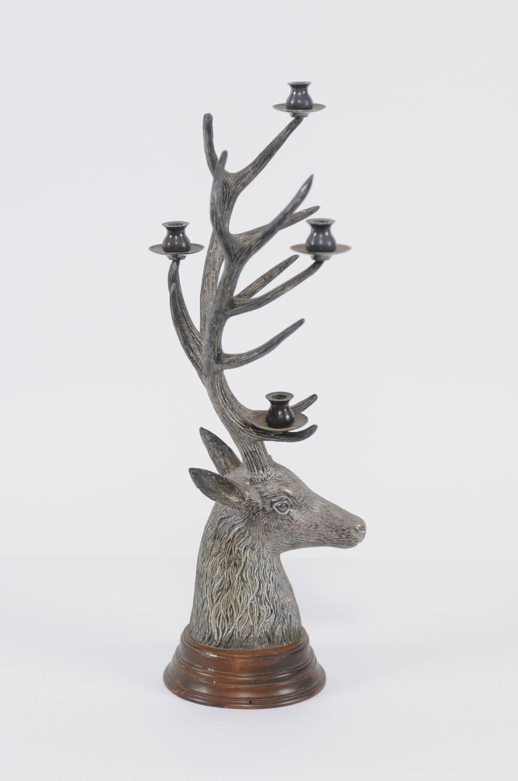 Cast French Vintage Bronze Candelabra Depicting a Buck Head with Tall Antlers, 1950s