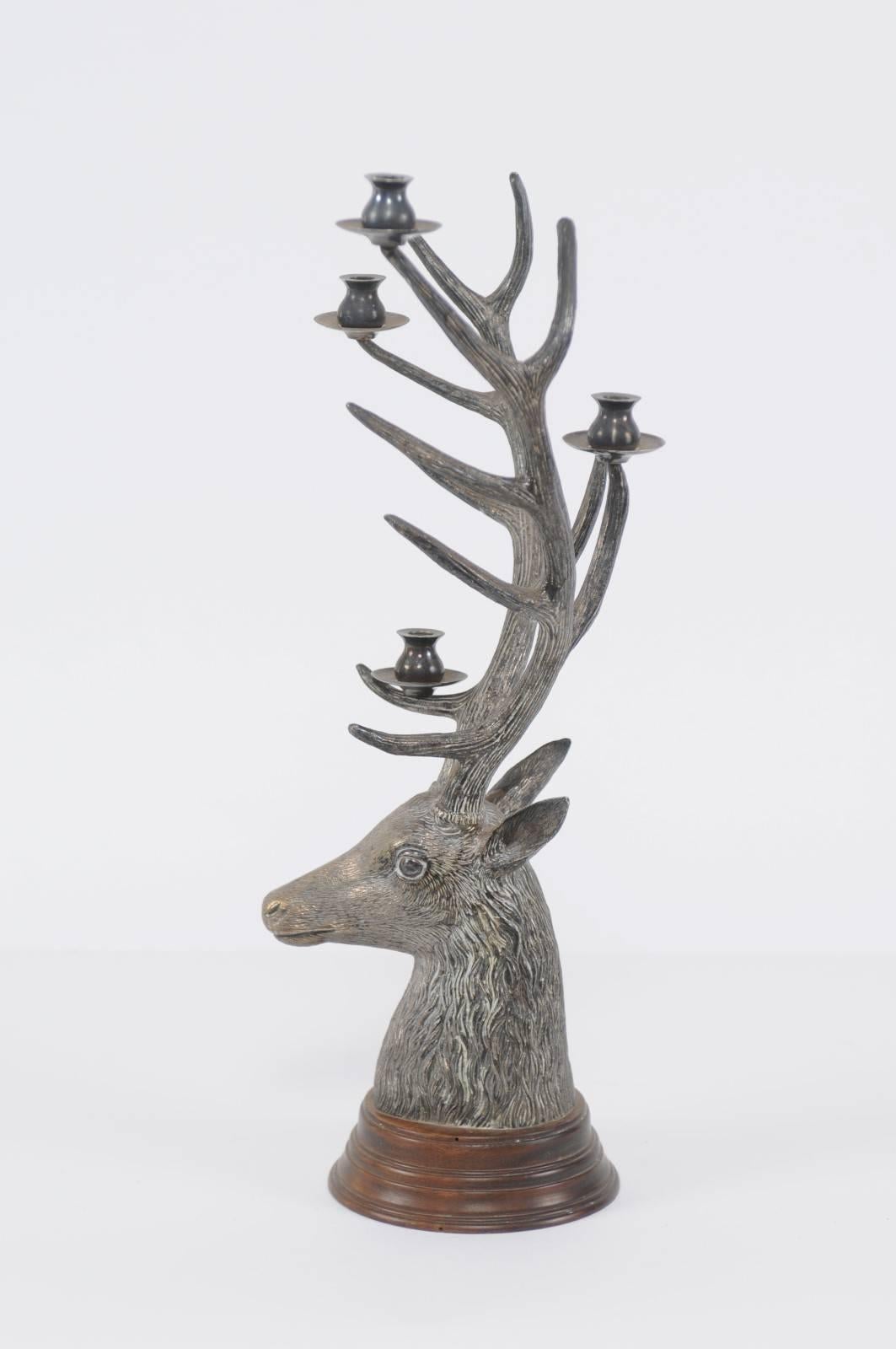 20th Century French Vintage Bronze Candelabra Depicting a Buck Head with Tall Antlers, 1950s