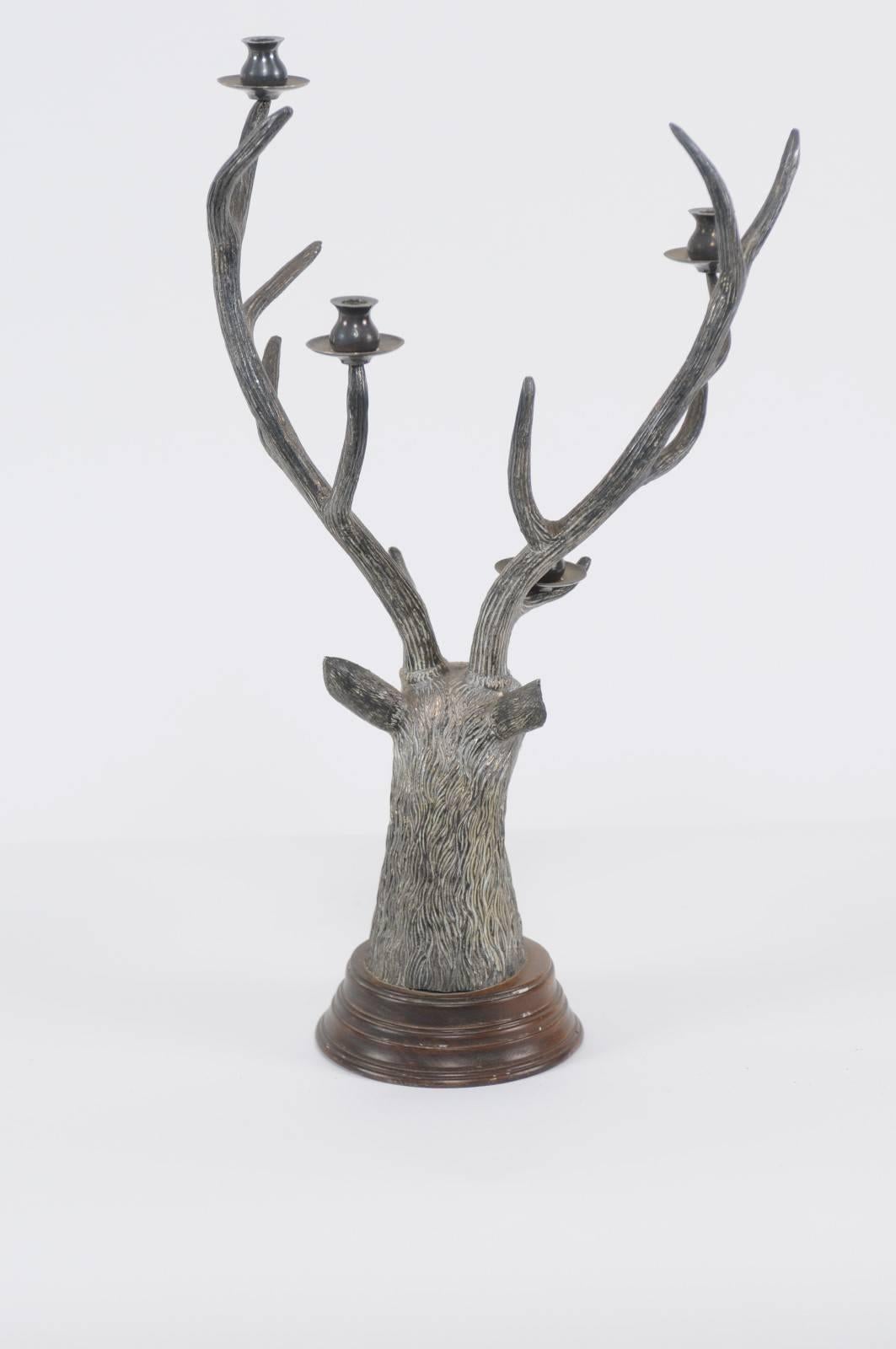 French Vintage Bronze Candelabra Depicting a Buck Head with Tall Antlers, 1950s In Good Condition In Atlanta, GA