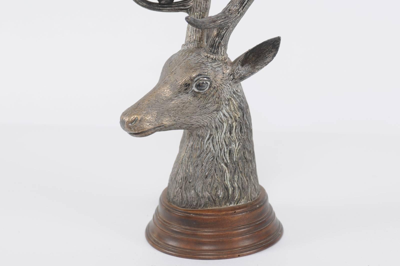 Wood French Vintage Bronze Candelabra Depicting a Buck Head with Tall Antlers, 1950s