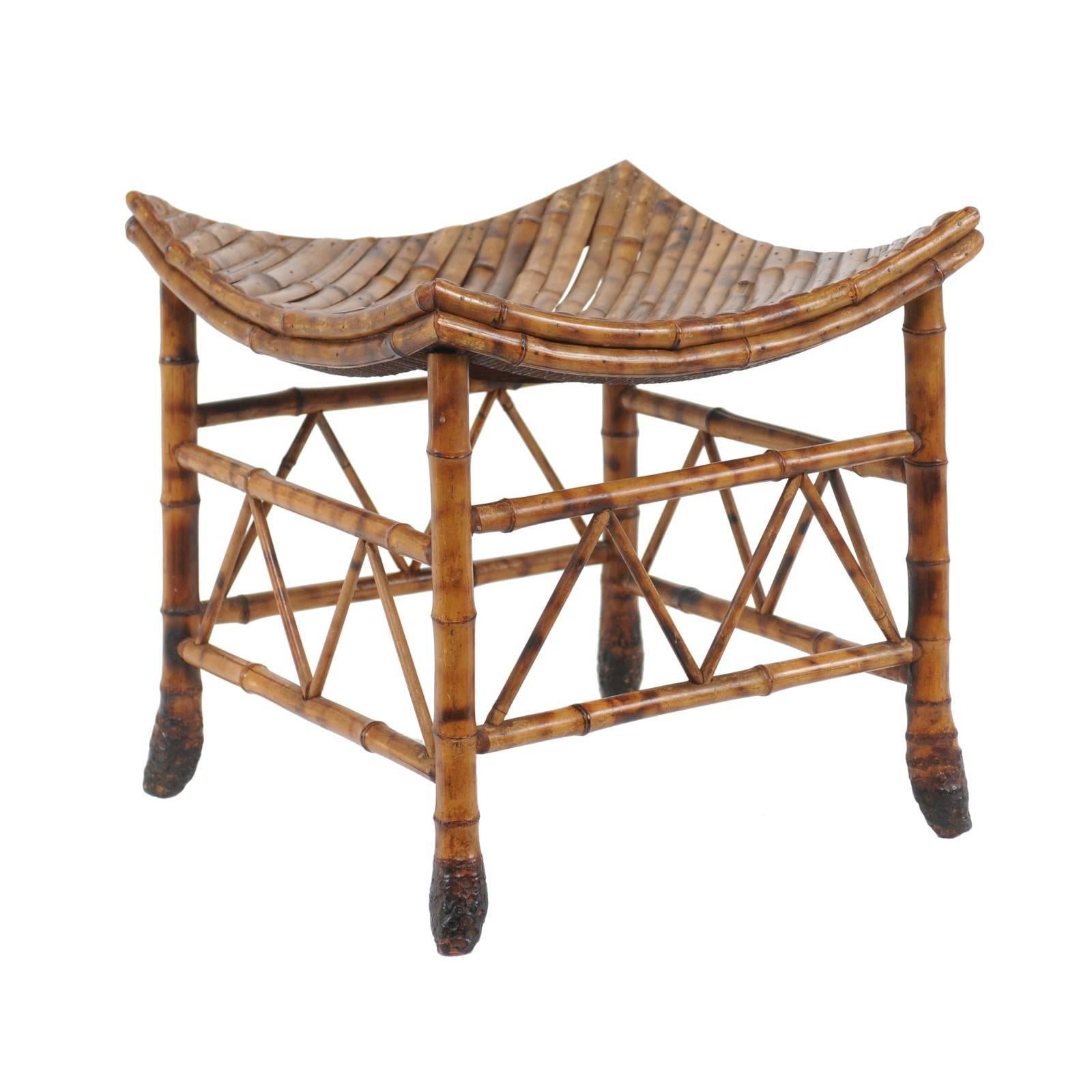 Egyptian Revival Thebes Bamboo Stool from Early 20th Century, England