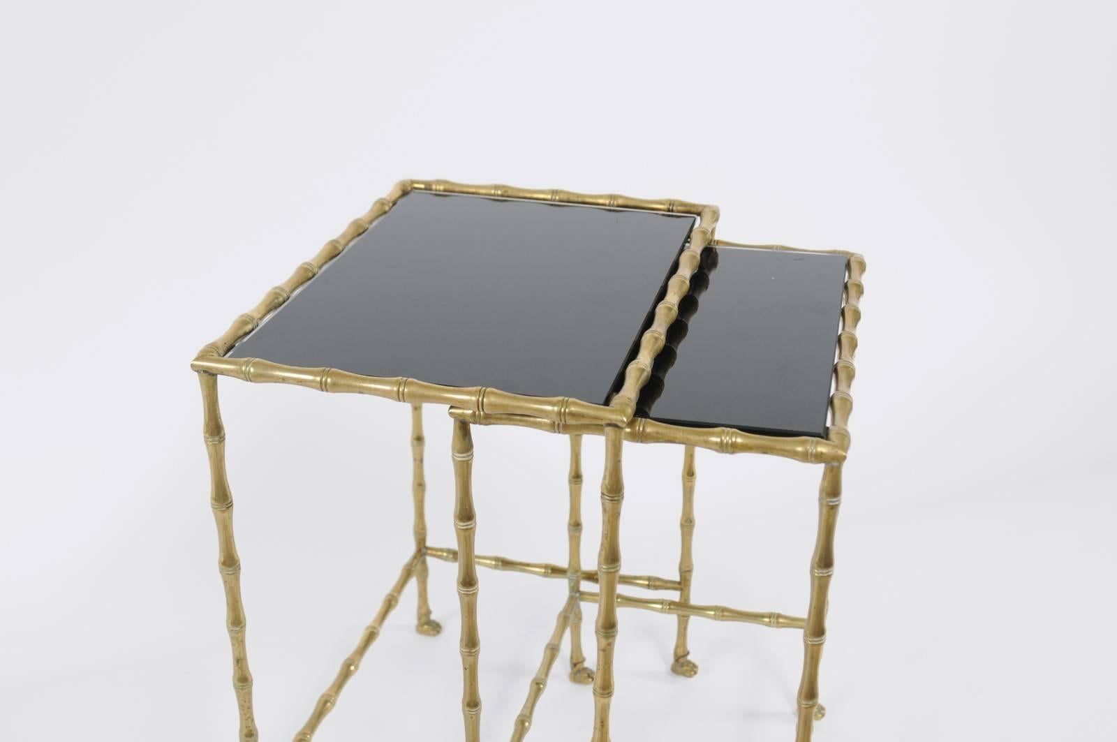 Mid-Century Modern 1950s Pair of Vintage French Brass and Stone Tops, Bamboo-Style Nesting Tables