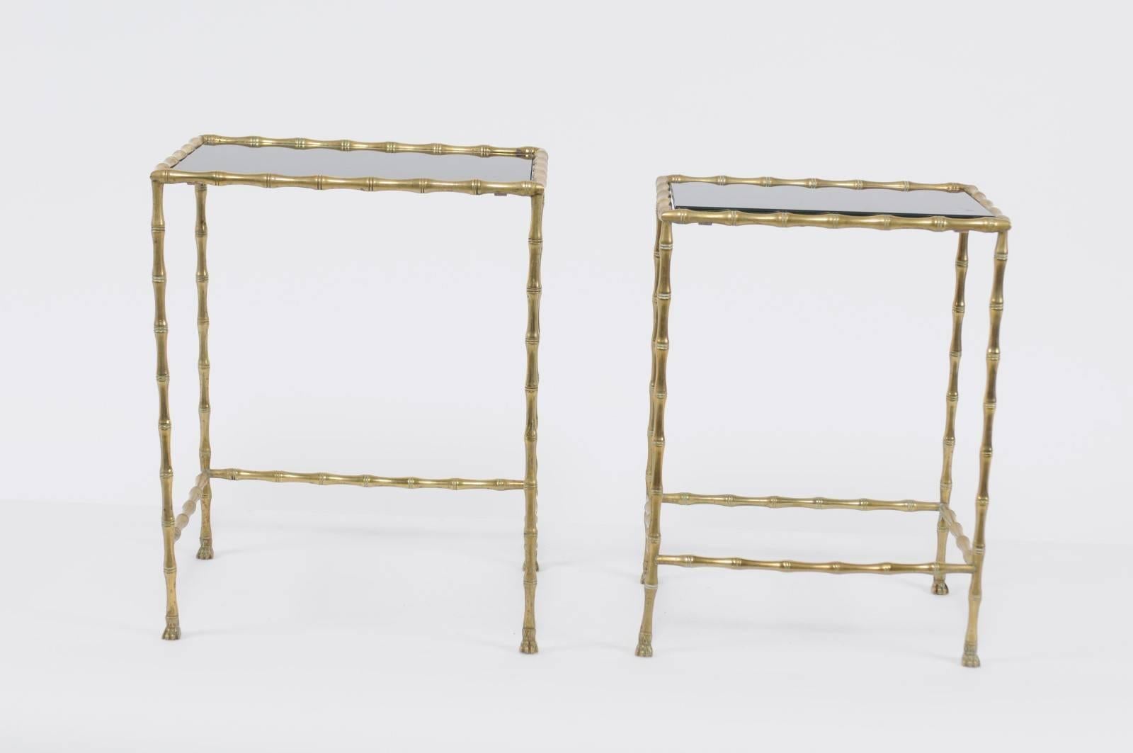 1950s Pair of Vintage French Brass and Stone Tops, Bamboo-Style Nesting Tables In Good Condition In Atlanta, GA