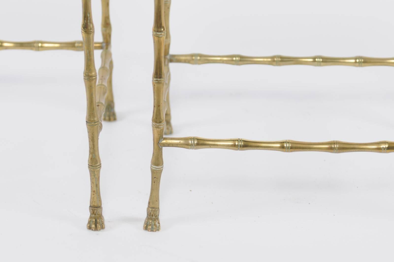 1950s Pair of Vintage French Brass and Stone Tops, Bamboo-Style Nesting Tables 3