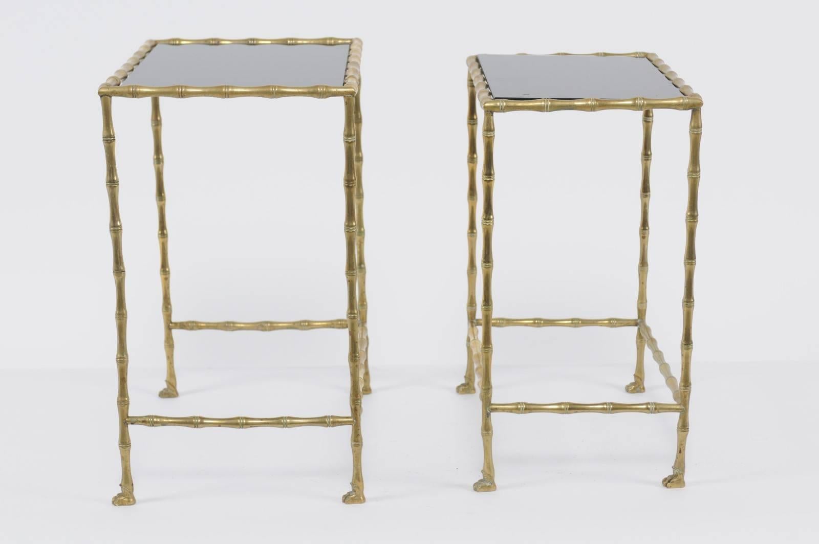 1950s Pair of Vintage French Brass and Stone Tops, Bamboo-Style Nesting Tables 2