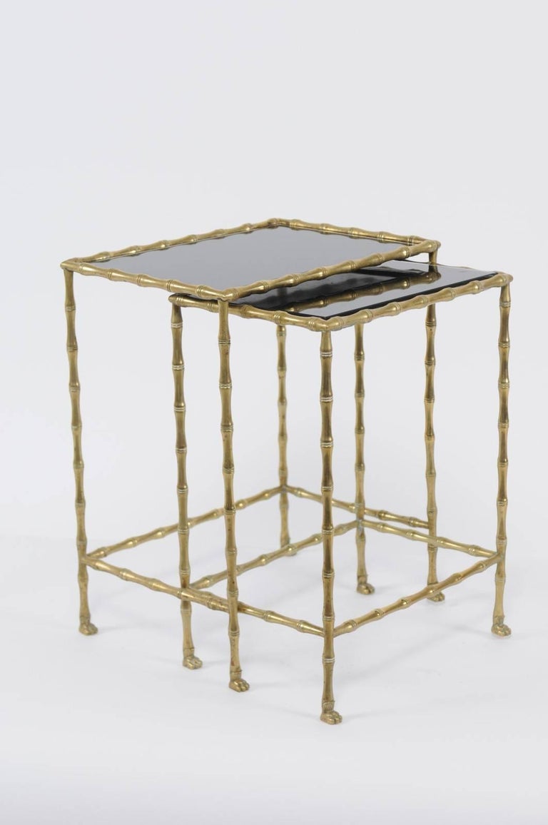 1950s Pair of Vintage French Brass and Stone Tops, BambooStyle Nesting