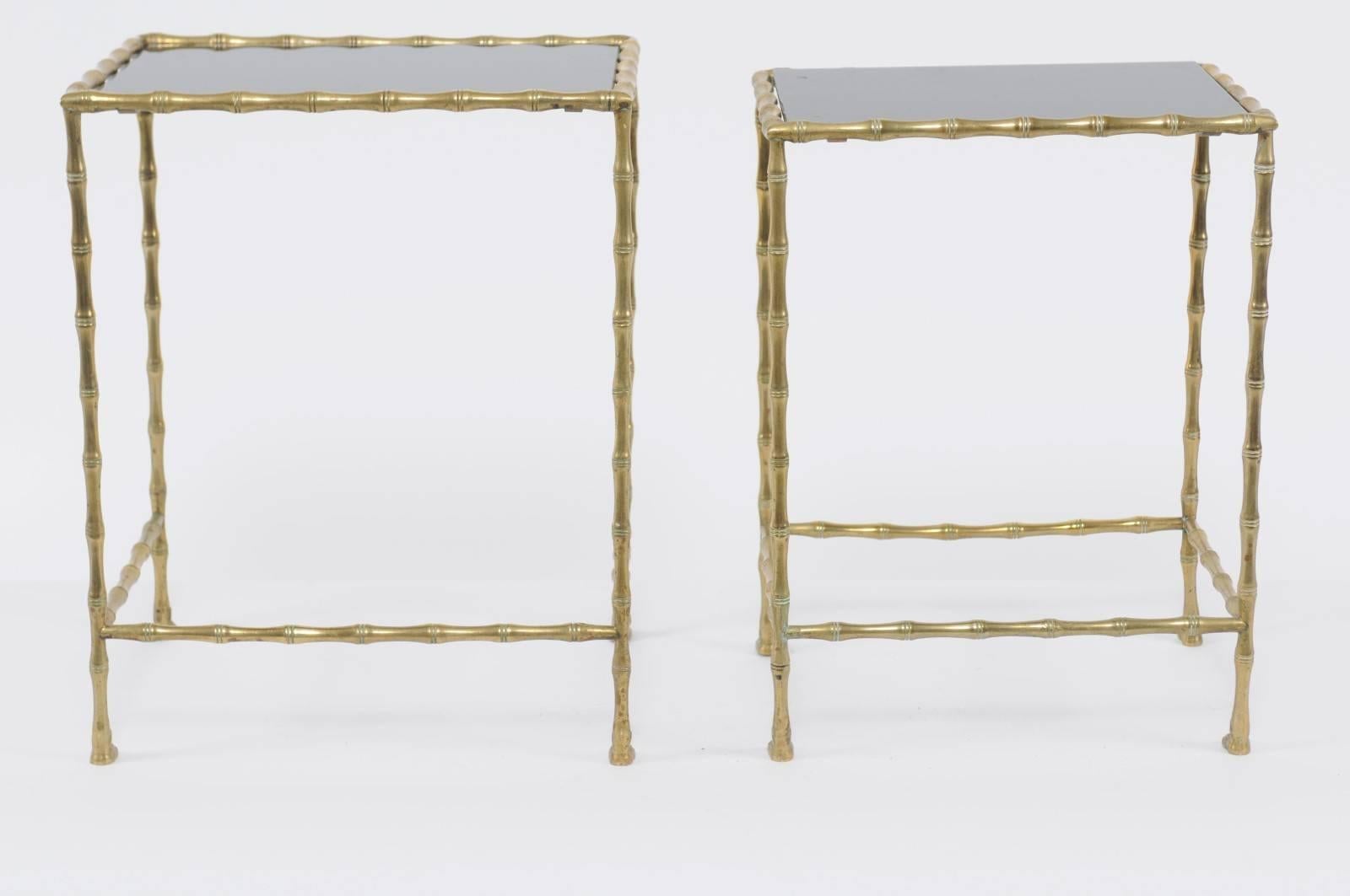 1950s Pair of Vintage French Brass and Stone Tops, Bamboo-Style Nesting Tables 1