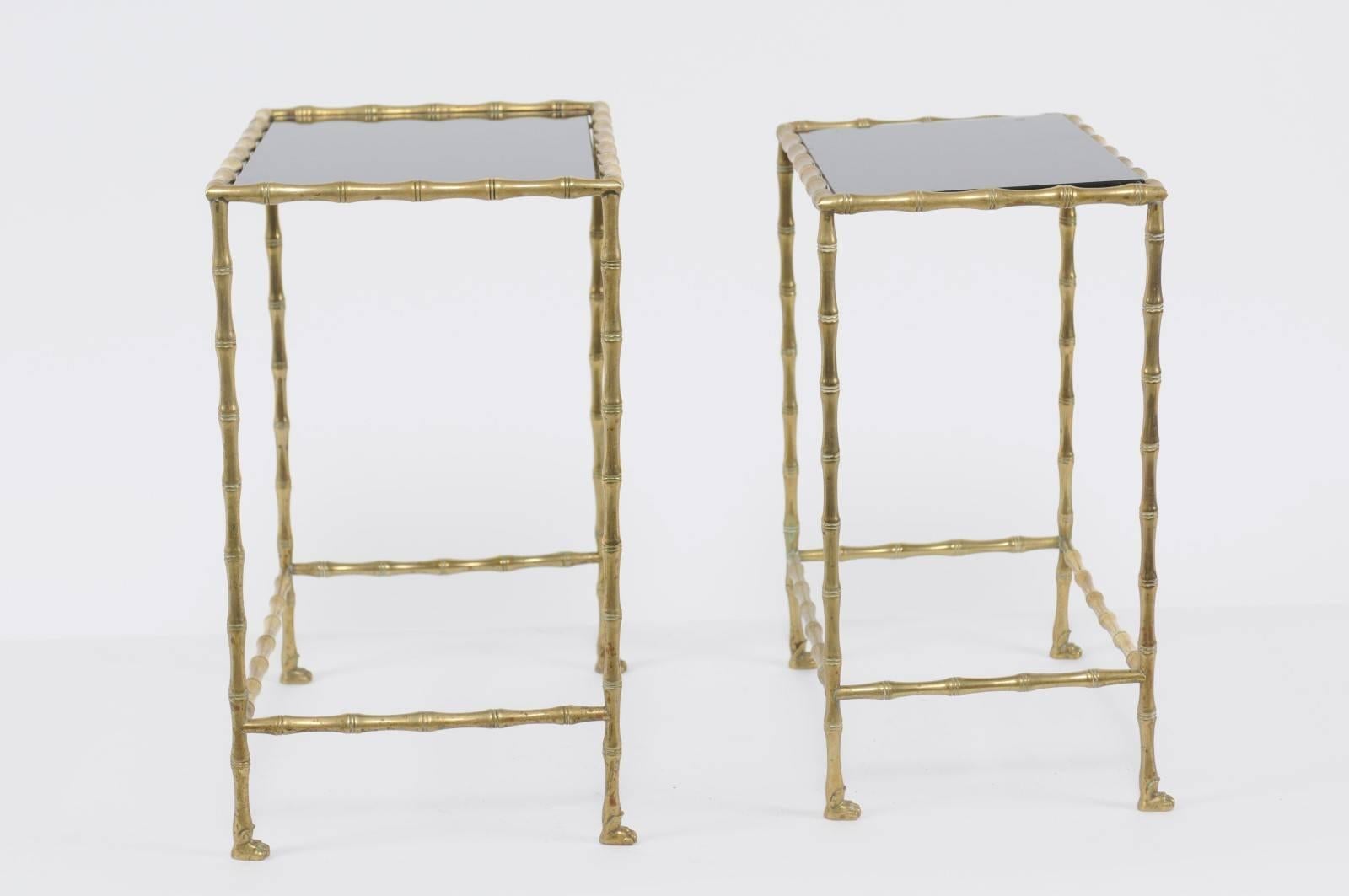 20th Century 1950s Pair of Vintage French Brass and Stone Tops, Bamboo-Style Nesting Tables