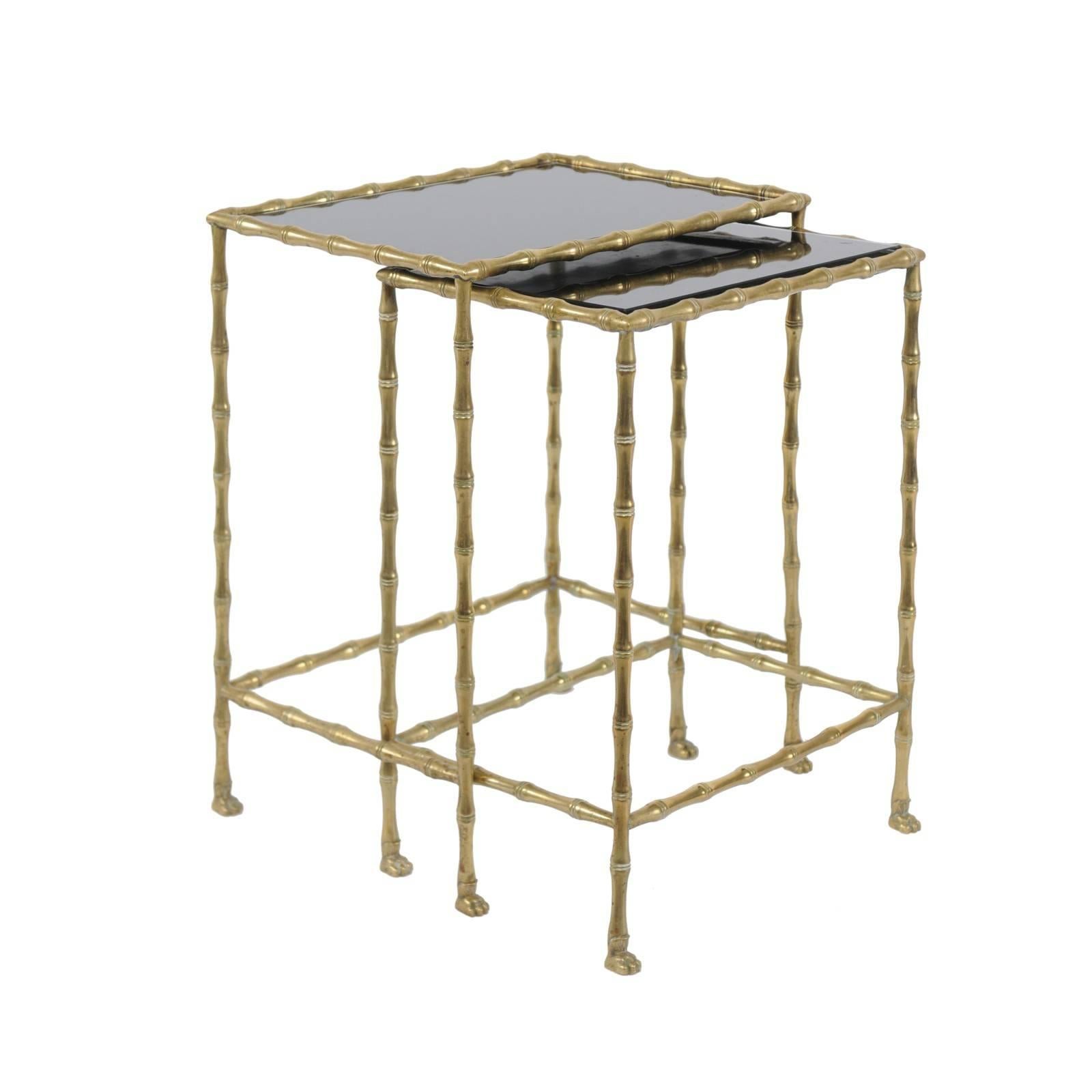 1950s Pair of Vintage French Brass and Stone Tops, Bamboo-Style Nesting Tables