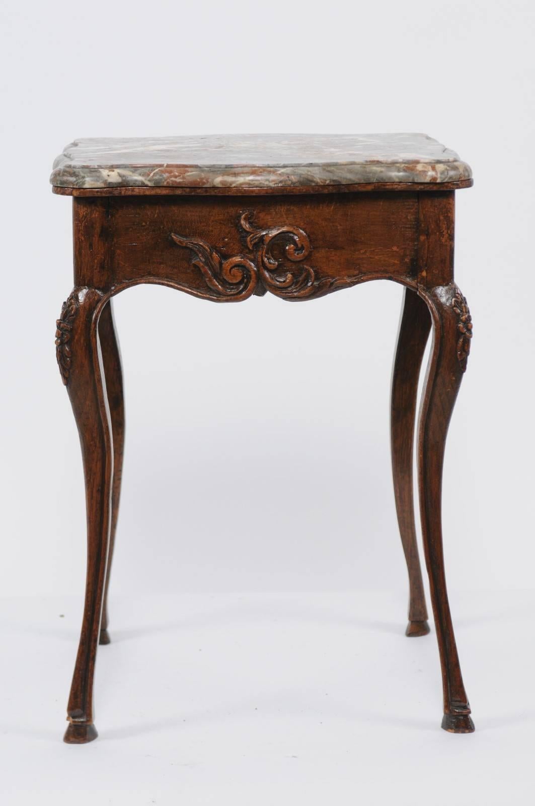 19th Century French Louis XV Style Walnut Side Table with Marble Top and Cabriole Legs, 1870s For Sale