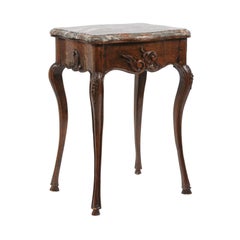 French Louis XV Style Walnut Side Table with Marble Top and Cabriole Legs, 1870s