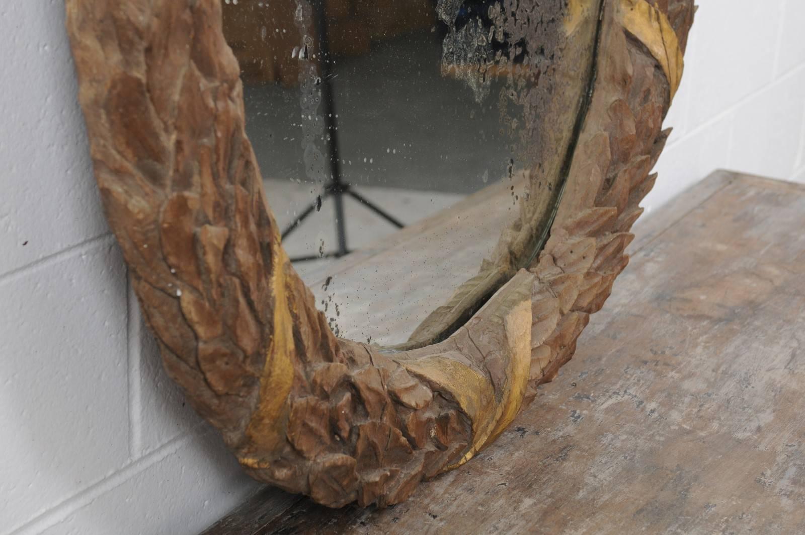 Oak Oval French Neoclassical Parcel-Gilt Ribbon-Tied Wreath Mirror, circa 1880