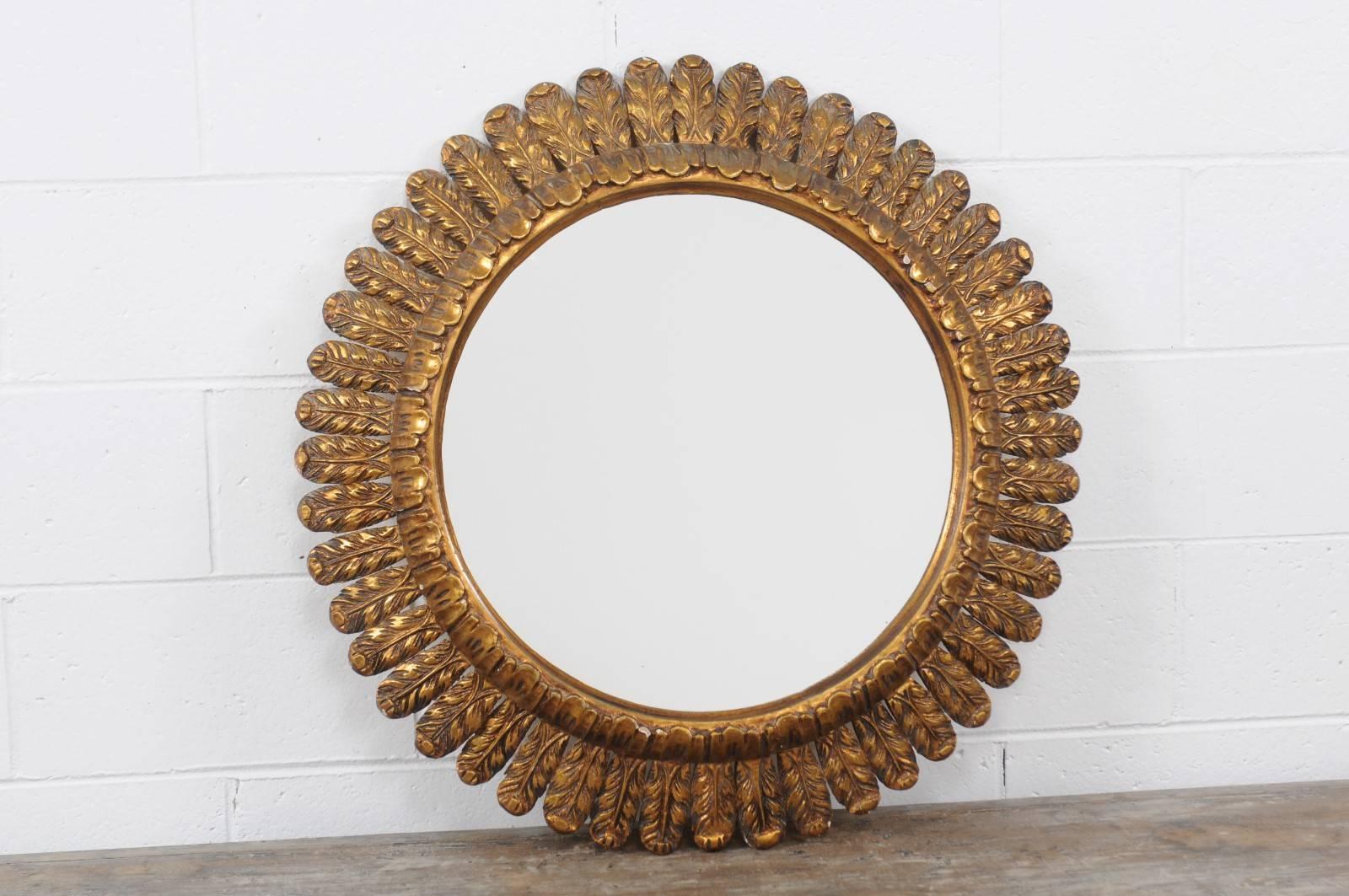 Mid-Century Modern French Vintage Giltwood Sunburst Mirror with Waterleaves from the Midcentury